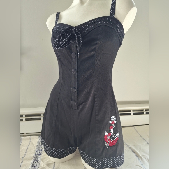 Living Dead Souls Pants - Black Polka Trim Sweetheart Romper with Anchor Embroidery